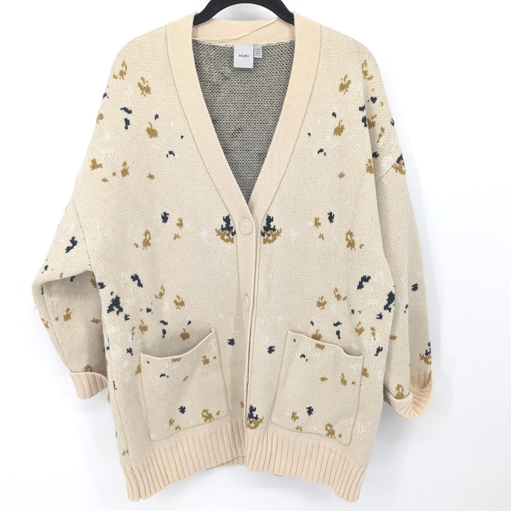 ICHI Boyfriend Cardigan Womens M/L‎ Beige V-Neck Pockets Oversized Heavy Sweater
